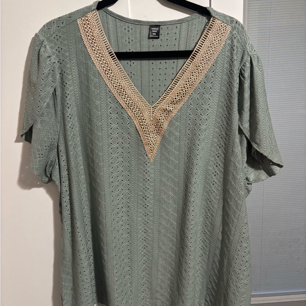 Green Embellished Relaxed Short Sleeve Blouse